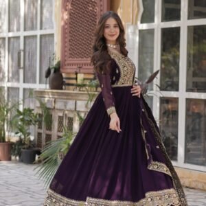 Women's Luxurious Plum Velvet Anarkali Gown with Heavy Gold Zari & Sequin Embroidery – Perfect for Weddings & Grand Festivities